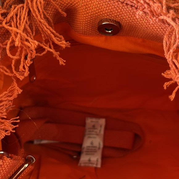 NWT Orange and White Beaded Tote Bag with Fringe - Picture 5 of 7